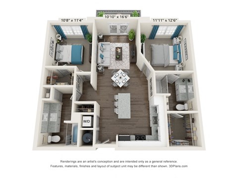 Floor plan for 2 beds, 2 baths, 1063 sqft